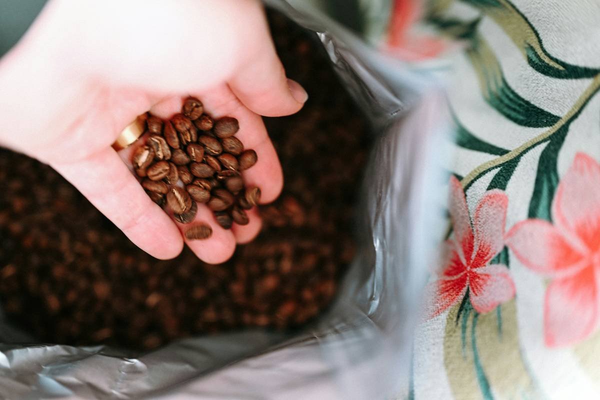 Freshly roasted coffee bean beside a smart coffee maker
